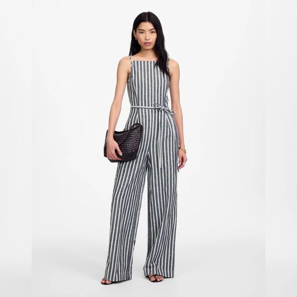Madwell Pleated Wide Leg Jumpsuit Womens Size 00 Pinstripe Linen Blend Coastal - Picture 1 of 12